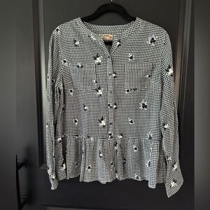 Ruff Hewn Blouse Navy Blue White Checkered Button Up Embroidered Top